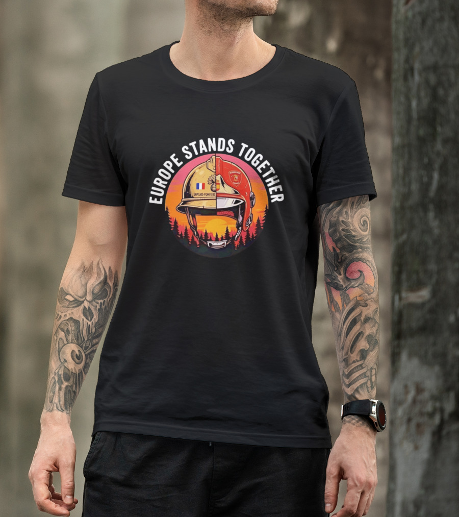 Europe Stands Together Sapeurs Pompiers Bomberos Espana Firefighter Helmet Forest Sunset T-Shirt