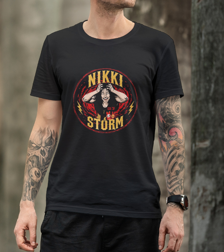 Nikki Stürm Wrestling Character With Lightning Bolts And Red Spiral T-Shirt