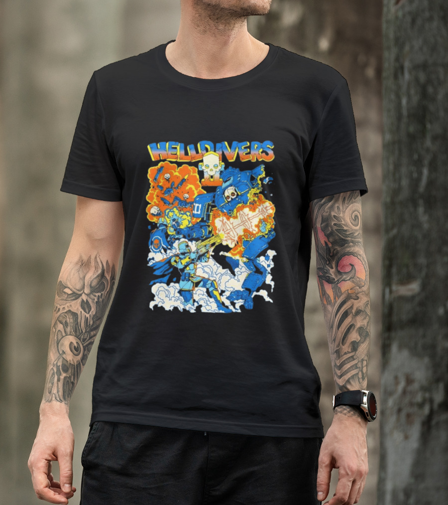 Helldivers Super Earth Soldier Combat Action Explosive Battle Scene T-Shirt