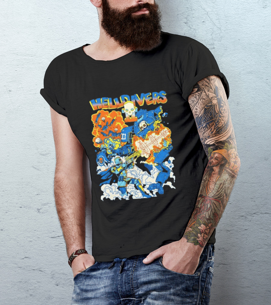 Helldivers Super Earth Soldier Combat Action Explosive Battle Scene T-Shirt