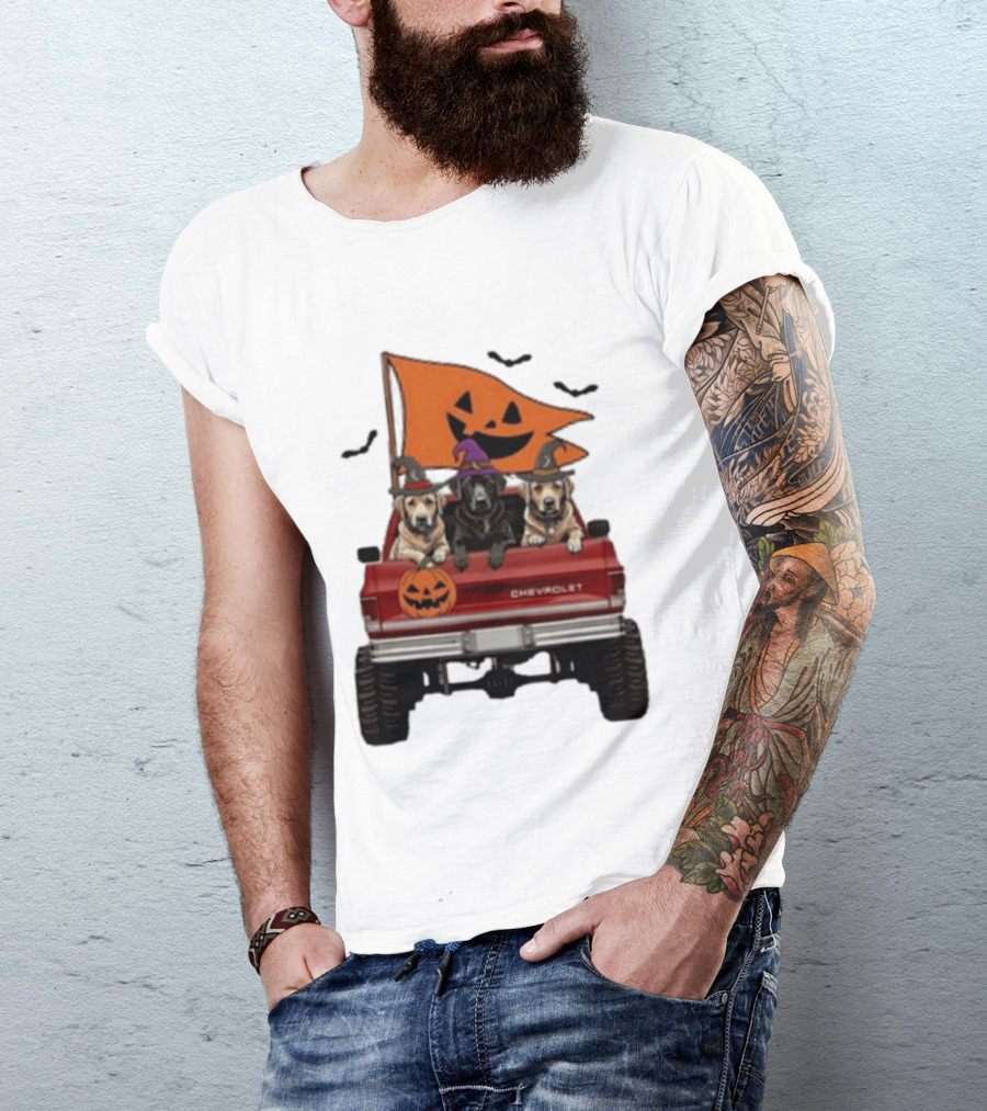 Chevrolet Halloween Dogs In Truck With Pumpkin And Bats T-Shirt