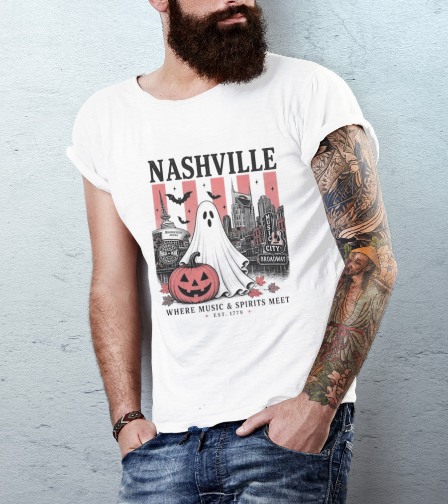 Nashville Halloween Ghost Music Spirits Skyline Pumpkin Bats T-Shirt