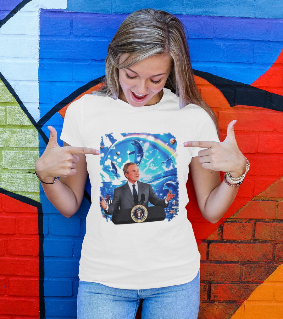George W Bush Dolphins Coexist Peacefully With Rainbow And Ocean Scene T-Shirt