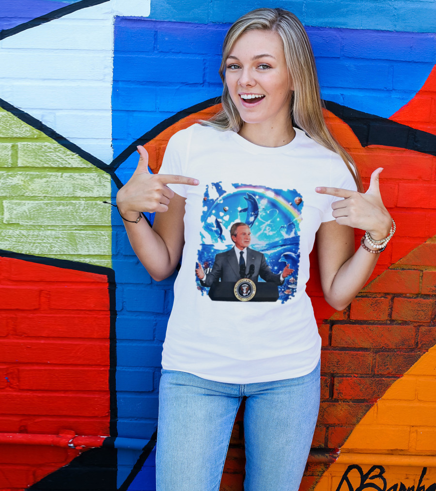 George W Bush Dolphins Coexist Peacefully With Rainbow And Ocean Scene T-Shirt