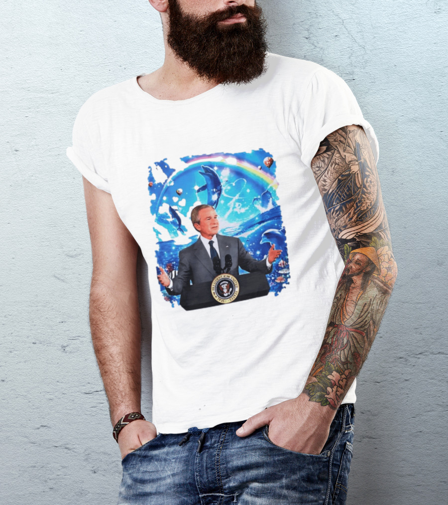 George W Bush Dolphins Coexist Peacefully With Rainbow And Ocean Scene T-Shirt