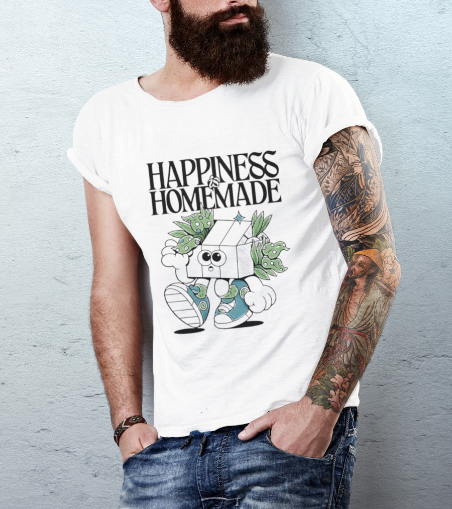 Happiness Is Homemade Cute Cartoon Box Character With Flowers T-Shirt