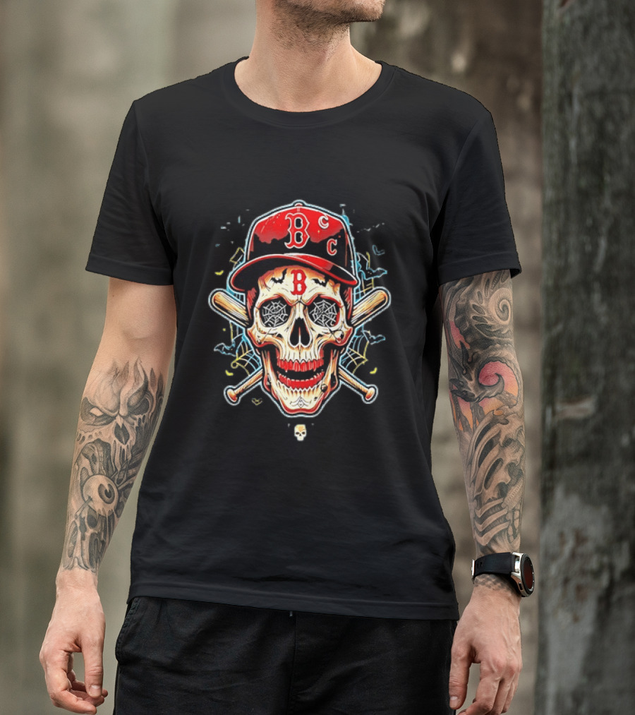 Boston Red Sox Skull Baseball Crossed Bats Red Cap T-Shirt