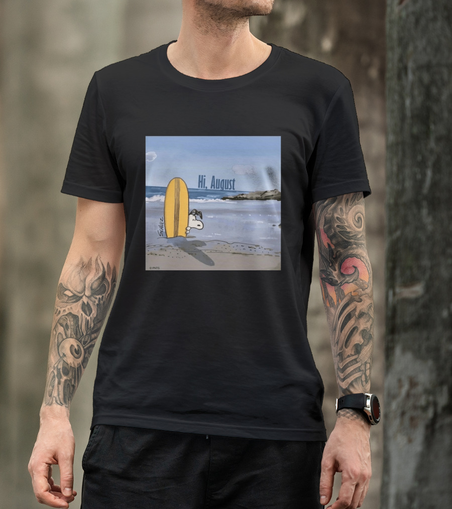 Snoopy Hi August Surfboard Beach Scene By Schulz T-Shirt