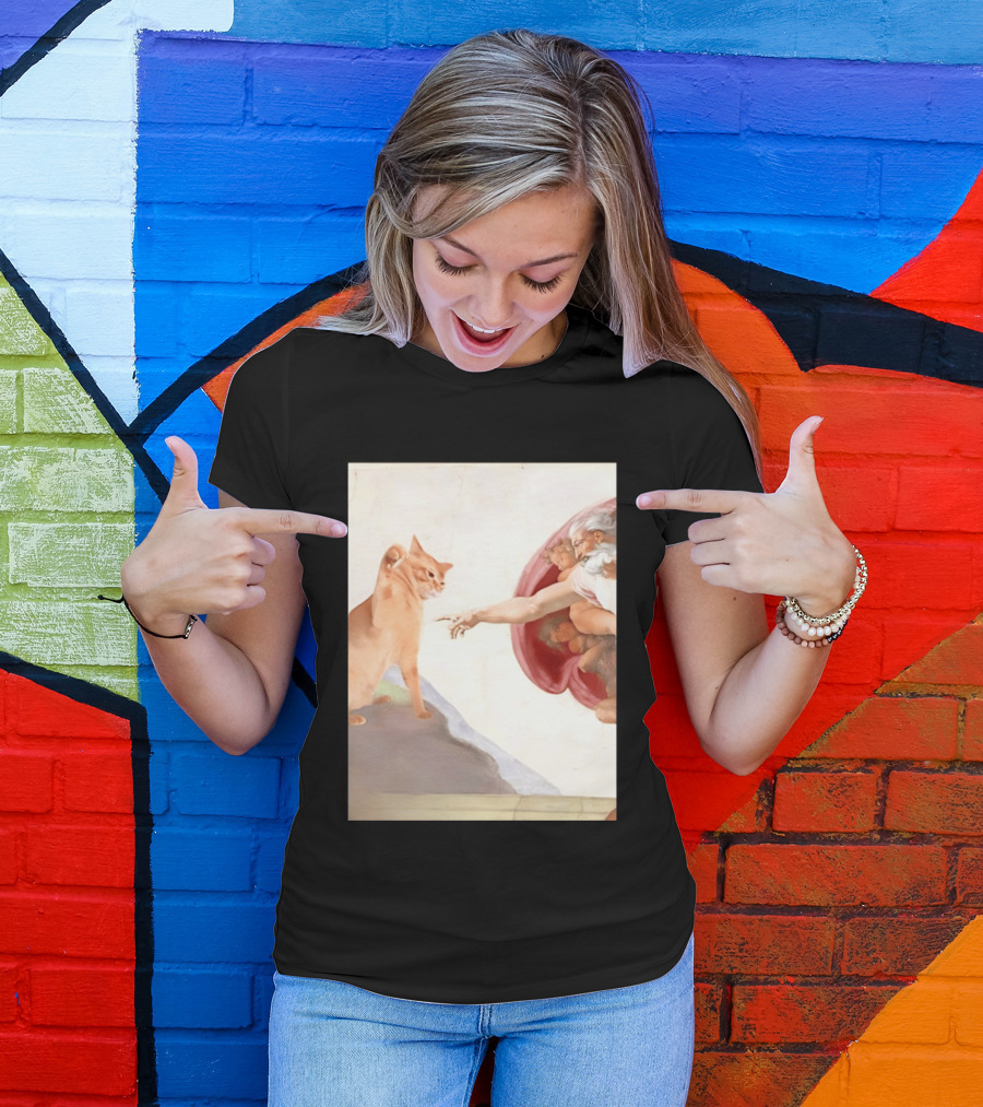 The Creation Of Adam With A Cat By Michelangelo T-Shirt