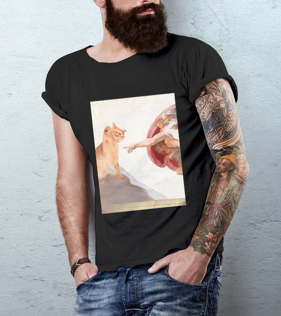 The Creation Of Adam With A Cat By Michelangelo T-Shirt
