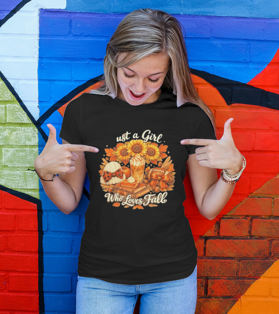 Just A Girl Who Loves Fall Sunflowers Pumpkins Leaves Cozy Autumn Aesthetic Football T-Shirt