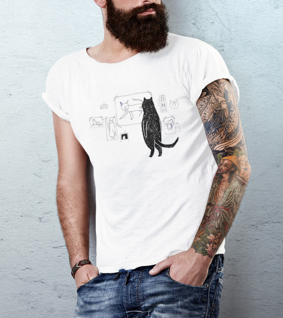 Black Cat Observing Doodle Drawings Of Cats T-Shirt