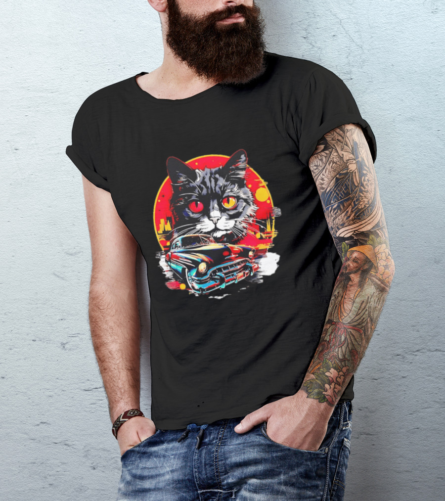 Black Cat With Vintage Classic Car And Retro Sunset T-Shirt