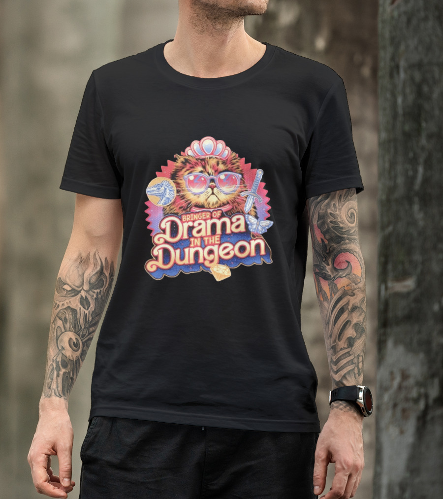 Bringer Of Drama In The Dungeon Cat With Raptor Dagger Butterfly Diamond T-Shirt