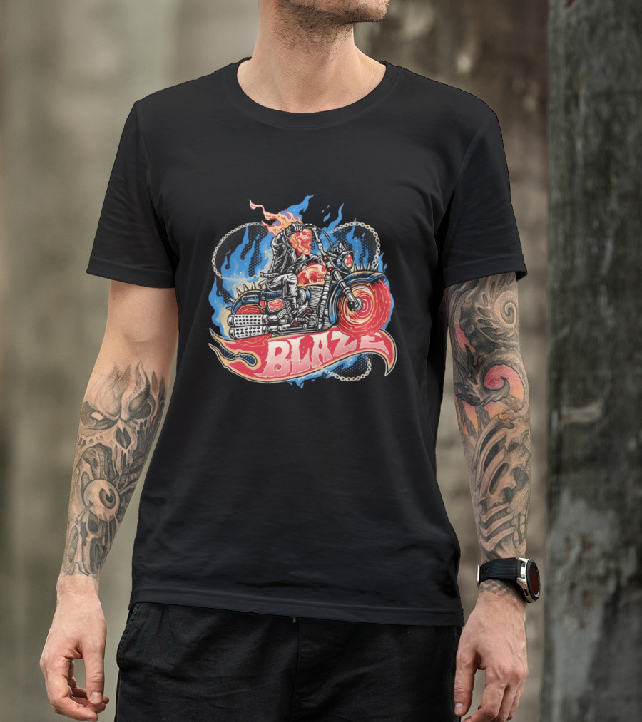 Blaze Flaming Skull Motorcycle Rider Blue Flame T-Shirt