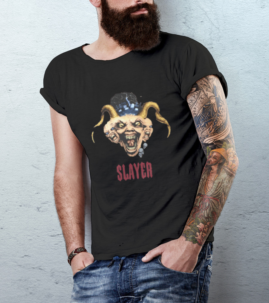 Slayer Triple Demon Head With Horns And Skulls T-Shirt