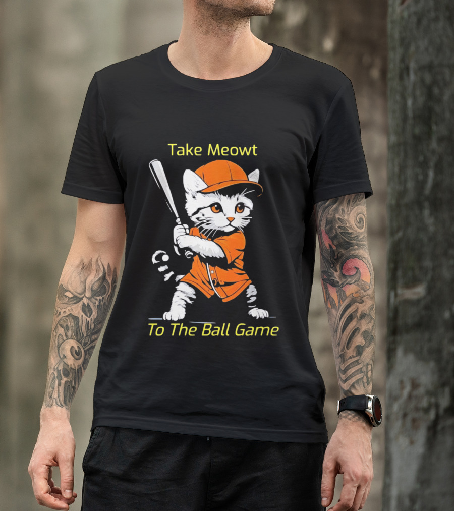 Take Meowt To The Ball Game Baseball Cat In Orange Uniform With Bat T-Shirt