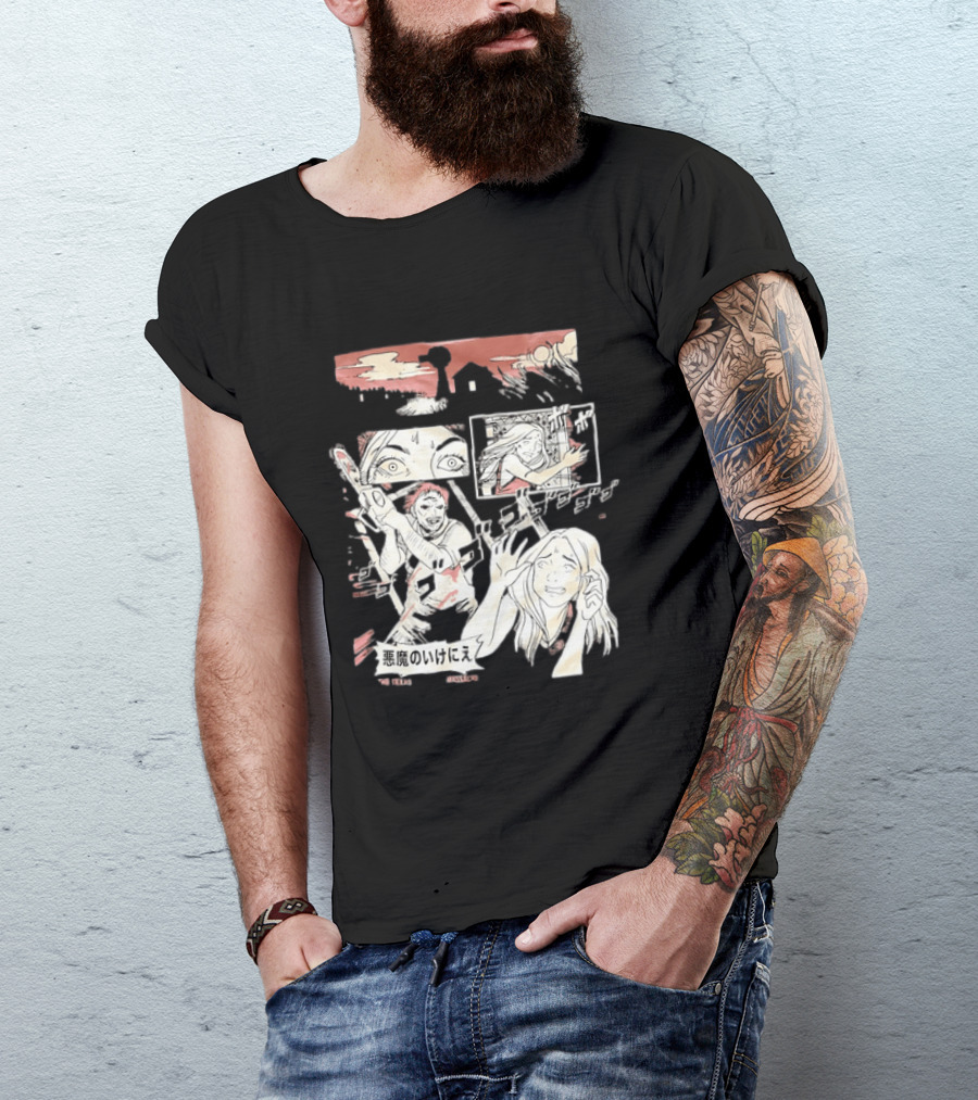 The Texas Chain Saw Massacre Manga Horror Panel With Japanese Text And Chainsaw Action T-Shirt