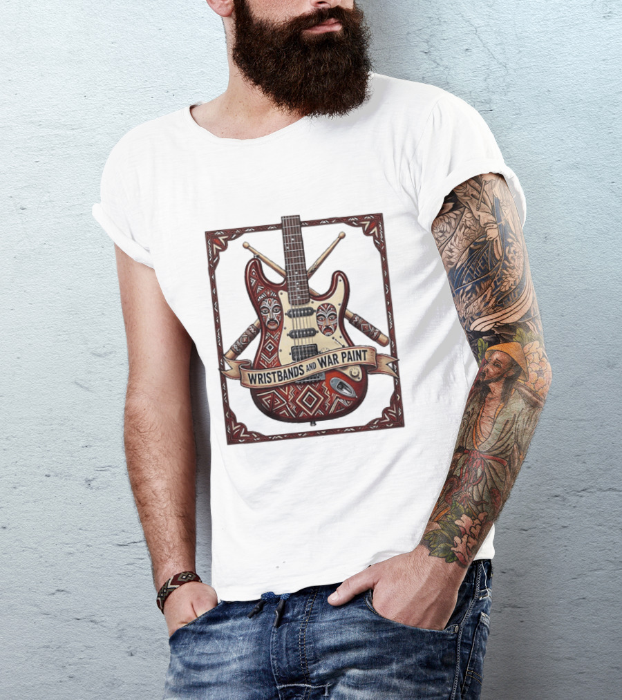 Wristbands And War Paint Electric Guitar Tribal Mask T-Shirt