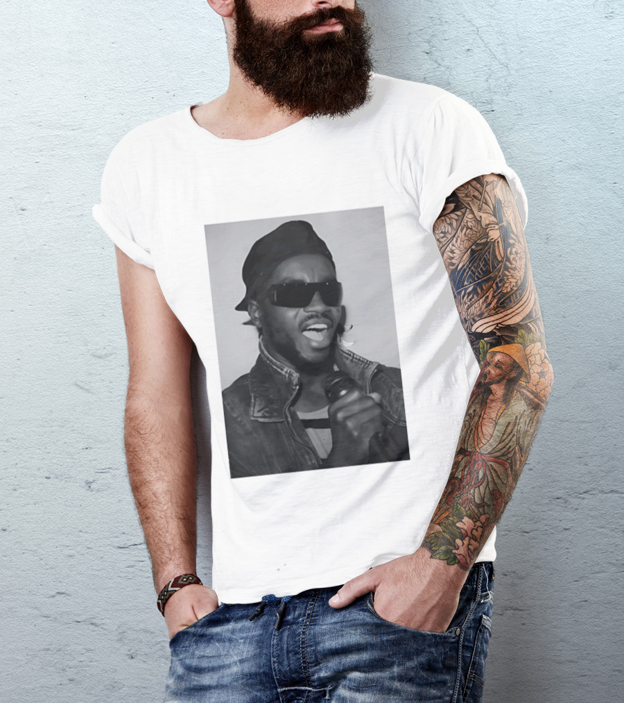 Ata Kak Iconic Ghanaian Musician Highlife Style Sunglasses Microphone Denim Jacket T-Shirt