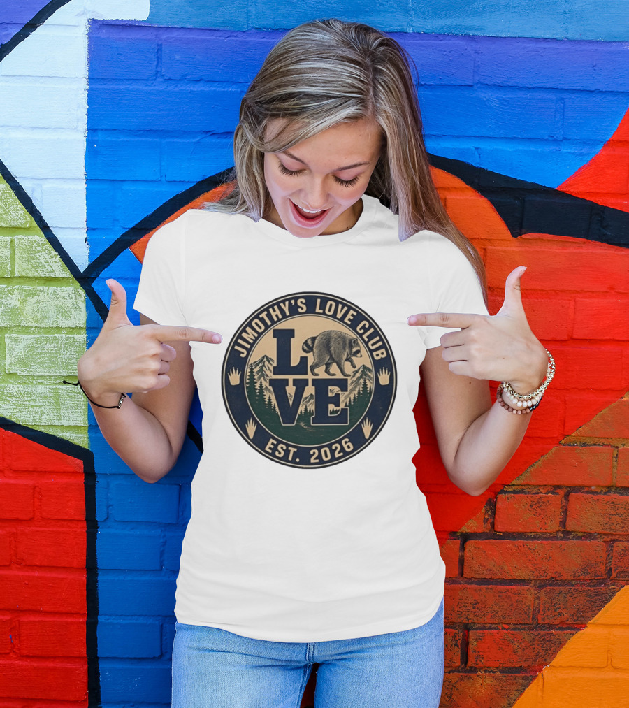 Jimothy's Love Club Raccoon Love Est 2026 Mountain Shield T-Shirt