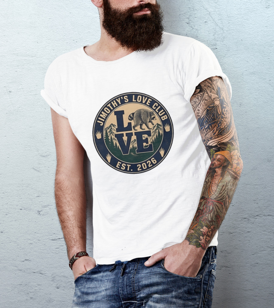 Jimothy's Love Club Raccoon Love Est 2026 Mountain Shield T-Shirt