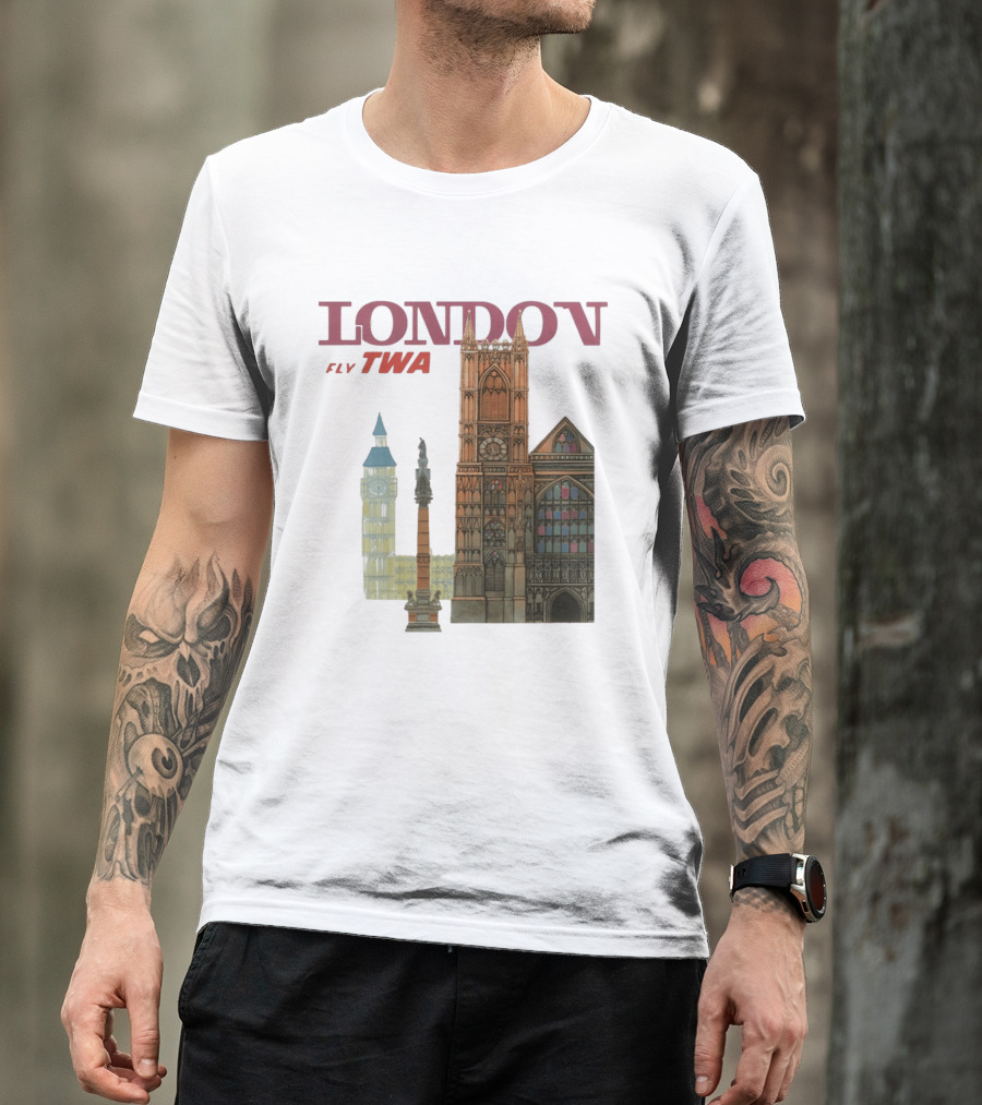 London Fly TWA Travel Big Ben Westminster Abbey Landmark T-Shirt