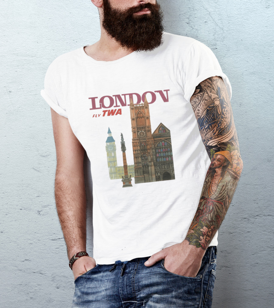 London Fly TWA Travel Big Ben Westminster Abbey Landmark T-Shirt