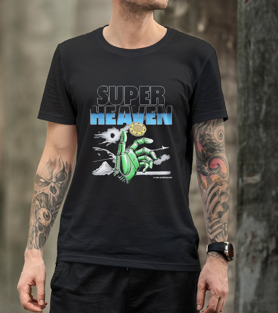 Superheaven Robotic Hand Space Adventure Coin And Mountain Scene T-Shirt