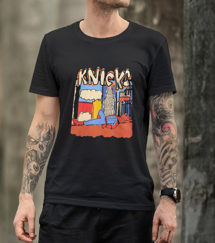 New York Knicks Spiderman Marvel NBA Basketball Skyline T-Shirt