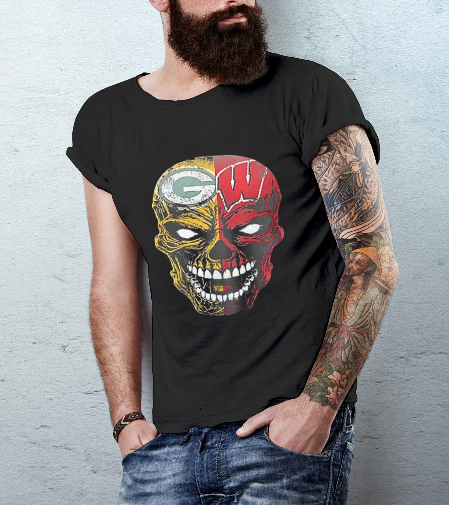 Wisconsin Green Bay Packers Badgers G W Skull Black T-Shirt