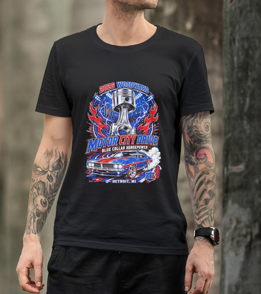 2026 Woodward Motor City Drive Blue Collar Horsepower Detroit MI M1 T-Shirt