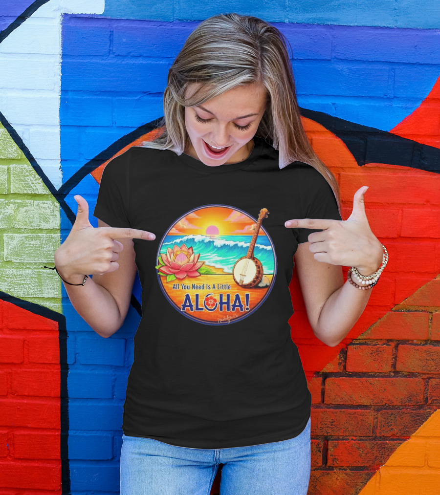 All You Need Is A Little Aloha Lotus Flower Sunset Ocean Banjo T-Shirt