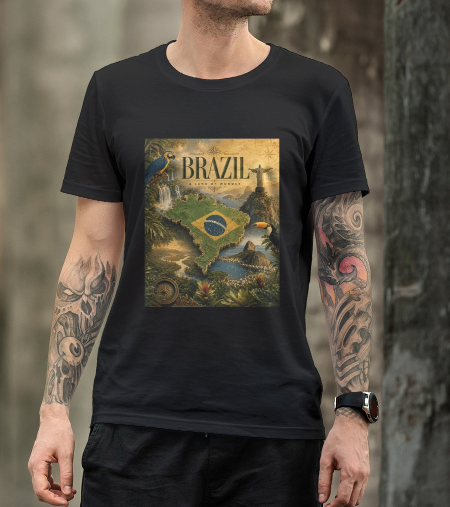 Brazil A Land Of Wonder Ordem E Progresso Christ The Redeemer Amazon Rainforest Toucan Macaw Waterfalls T-Shirt