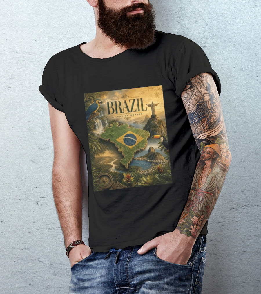 Brazil A Land Of Wonder Ordem E Progresso Christ The Redeemer Amazon Rainforest Toucan Macaw Waterfalls T-Shirt