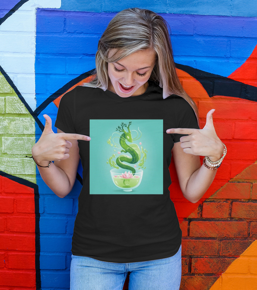 Green Tea Dragon In Teacup With Blossoms And Leaves T-Shirt
