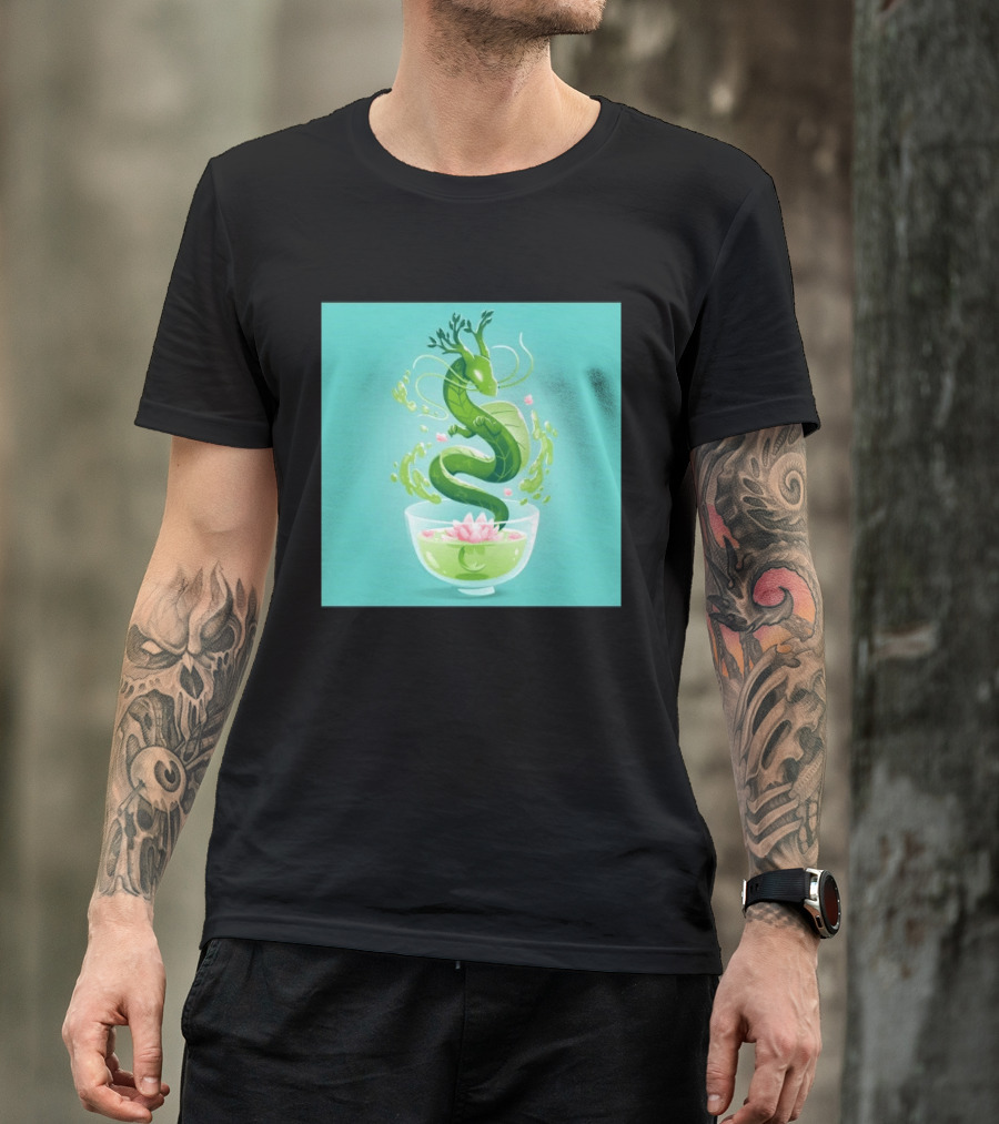 Green Tea Dragon In Teacup With Blossoms And Leaves T-Shirt