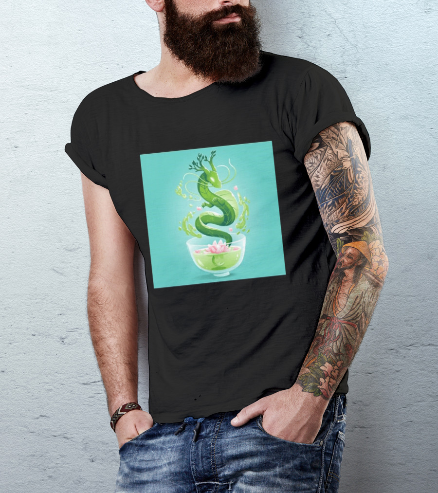 Green Tea Dragon In Teacup With Blossoms And Leaves T-Shirt