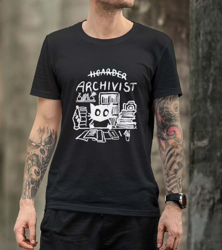 Hoarder Archivist Cat Surrounded By Books And Files T-Shirt