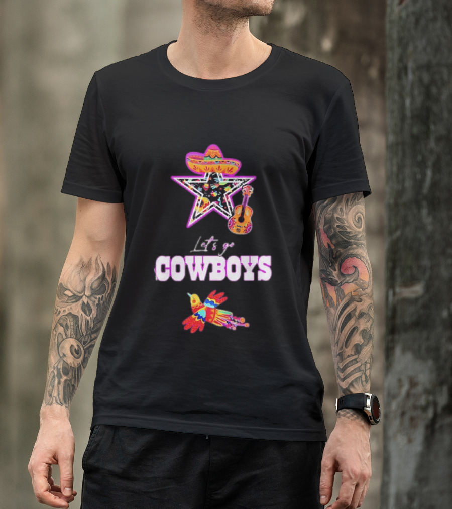 Let's Go Cowboys Mexican Folk Sombrero Star Guitar Bird T-Shirt