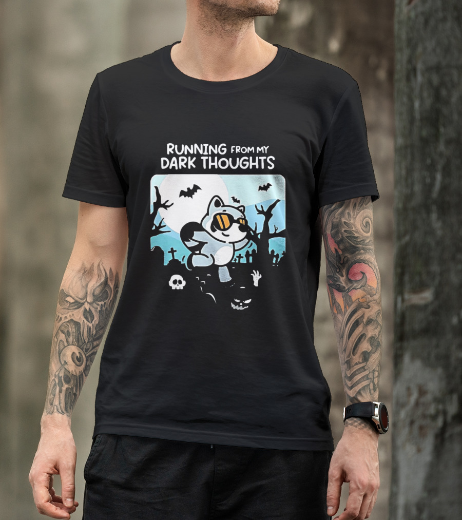 Raccoon Running From My Dark Thoughts Moonlight Bats And Graveyard Scene T-Shirt