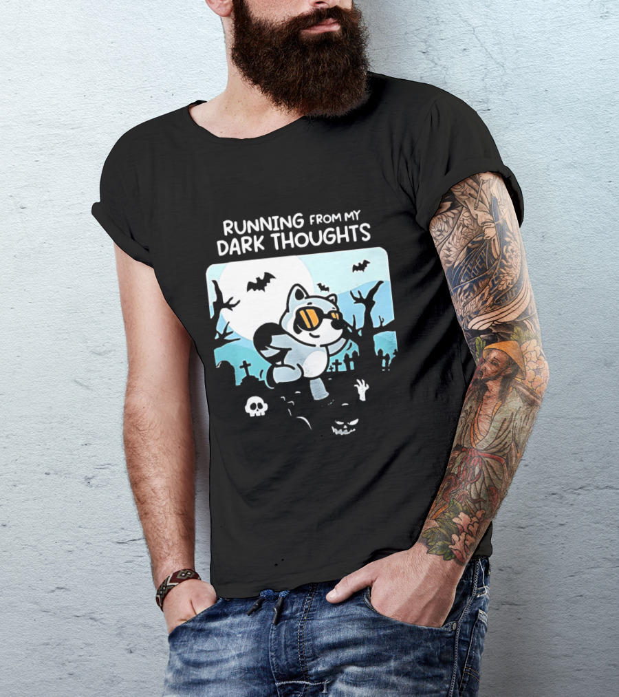 Raccoon Running From My Dark Thoughts Moonlight Bats And Graveyard Scene T-Shirt
