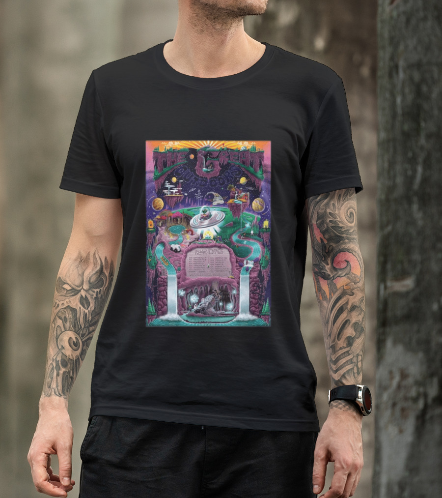 The Great Outdoors Fall Tour 2026 Cosmic Adventure Spaceships Waterfalls Planets T-Shirt
