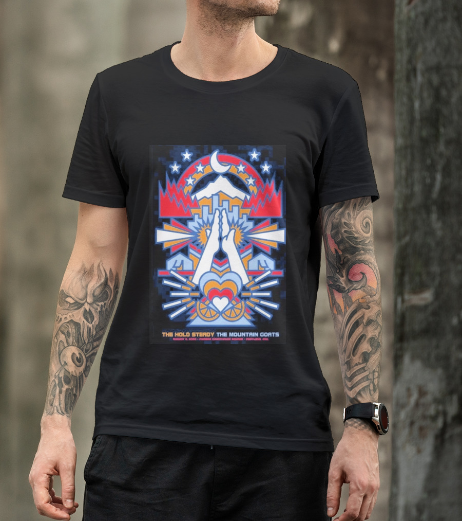 The Hold Steady The Mountain Goats Pioneer Courthouse Square Portland August 8 2026 Concert Tour Skyline Heart Hands Stars Moon Mountains T-Shirt