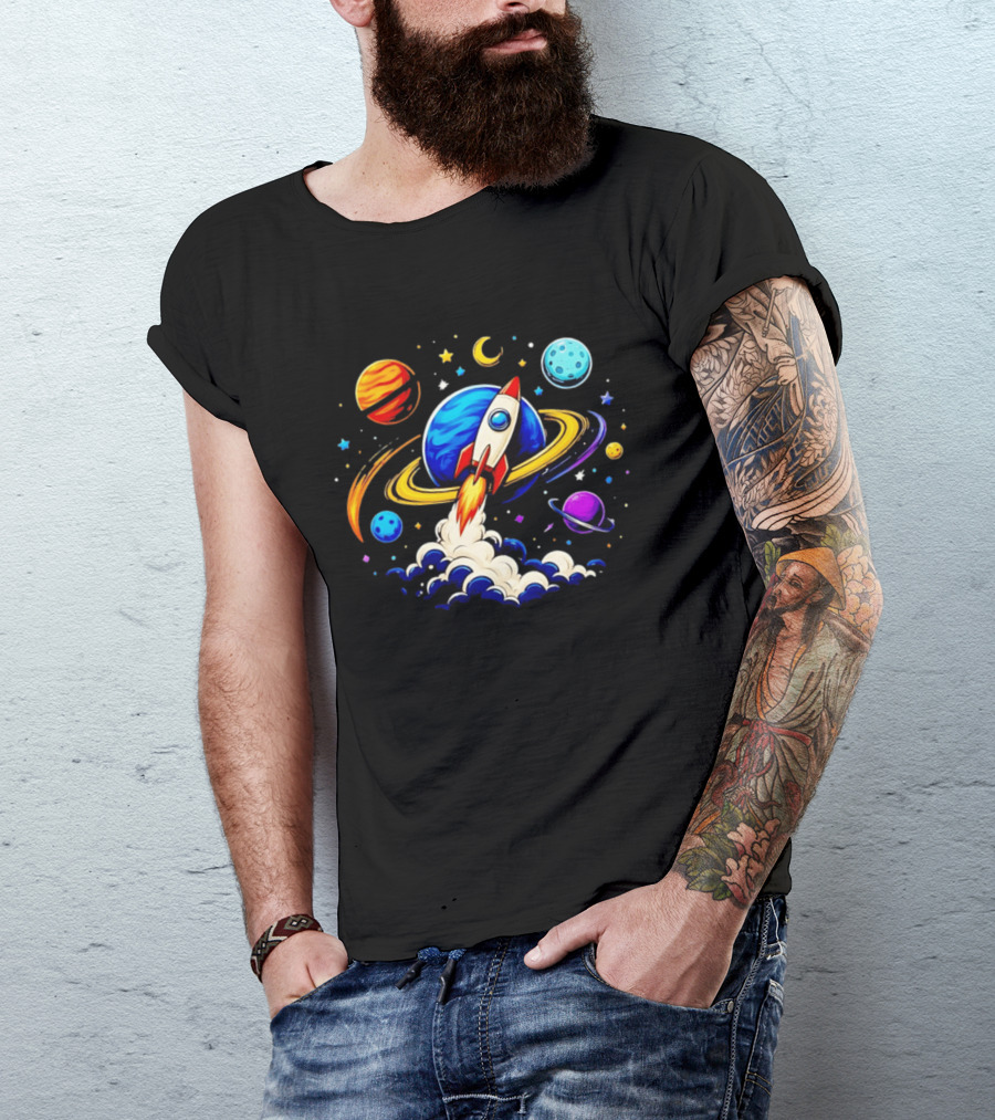 Space Rocket Launch With Vibrant Orbiting Planets And Stars T-Shirt