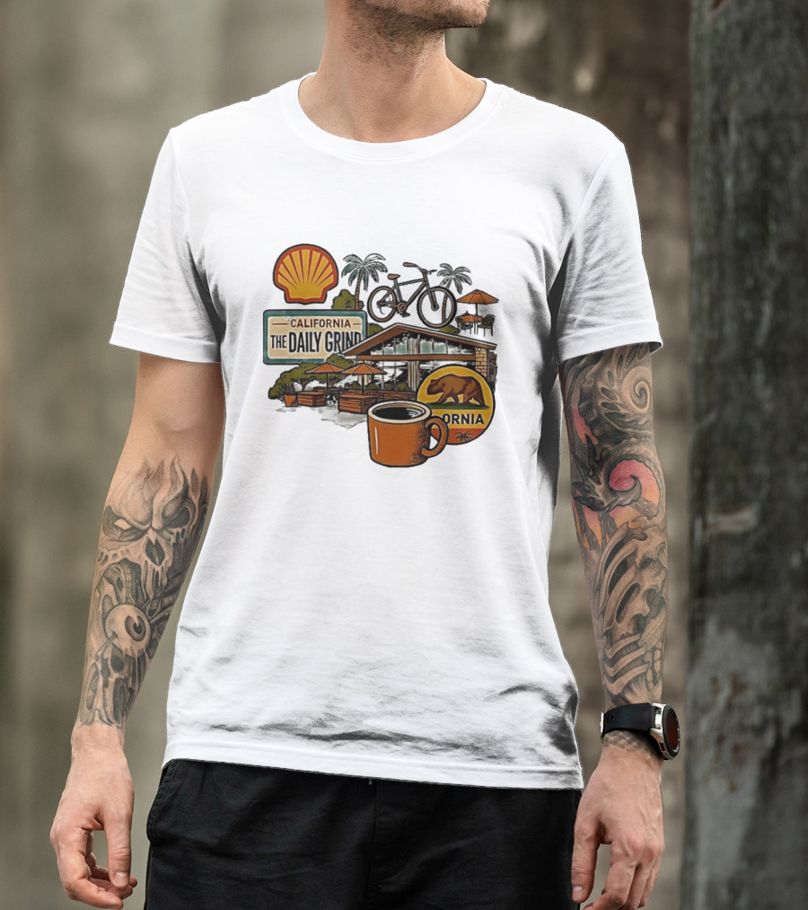 California The Daily Grind Shell Coffee Bear Bike Palms T-Shirt