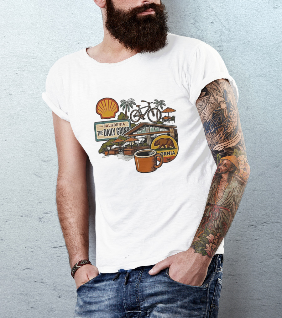 California The Daily Grind Shell Coffee Bear Bike Palms T-Shirt