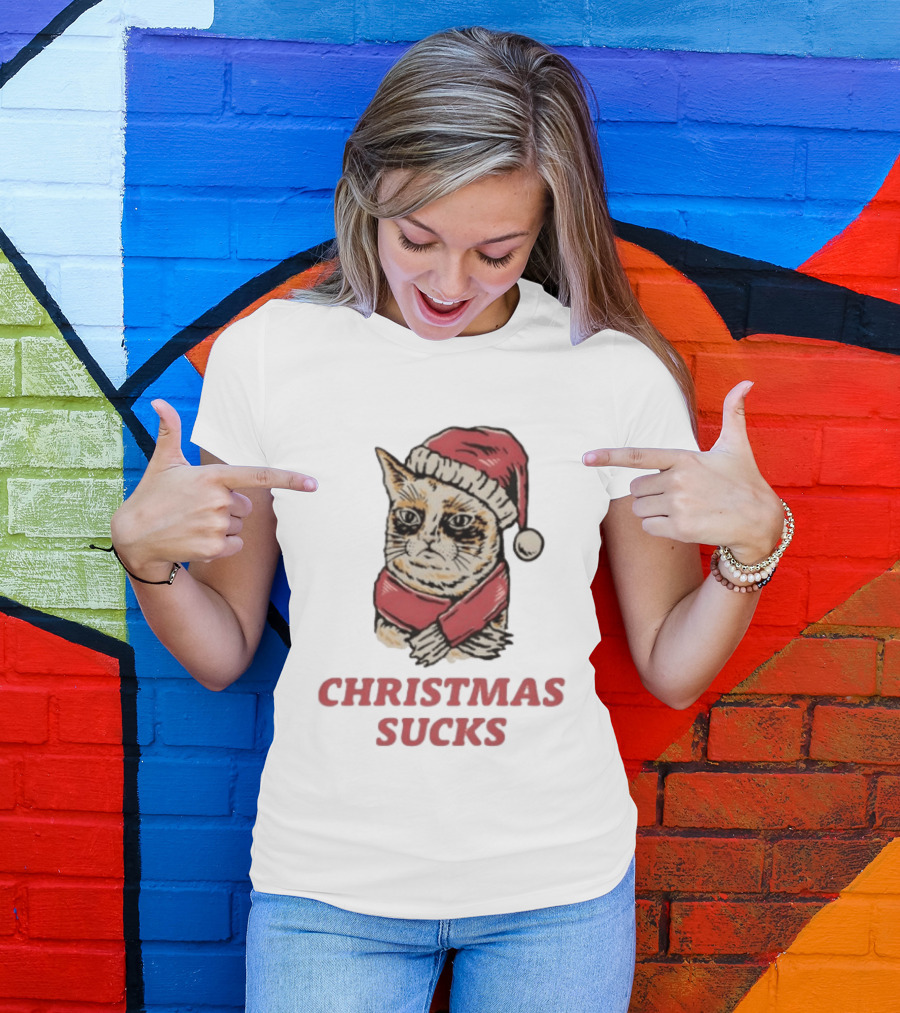 Cat Santa Hat Christmas Sucks Grumpy Humor T-Shirt