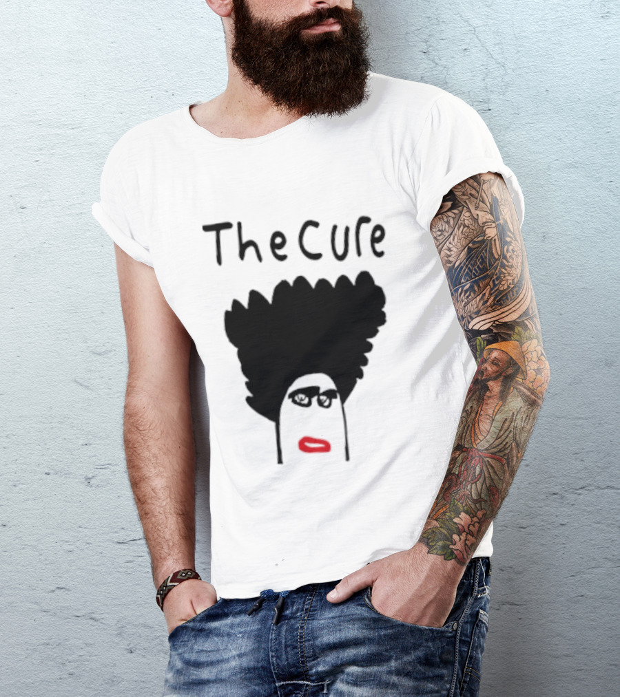 Kieran Maguire Wearing The Cure Text Bold Face Black Hair Red Lips T-Shirt