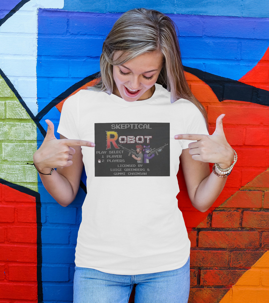 Skeptical Robot Play Select Luigi Greenberg Gummi Chainsaw T-Shirt